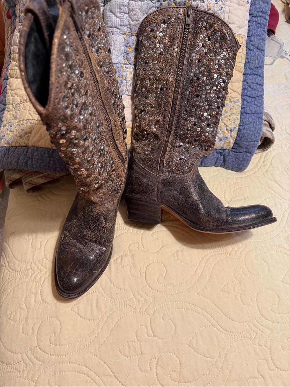 Frye Brown Sequined Studded Western Heeled Boots